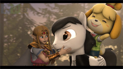 Size: 1600x900 | Tagged: safe, artist:alexh-05, imported from derpibooru, 3d, animal crossing, crossover, evening, forest, isabelle, princess zelda, source filmmaker, the legend of zelda