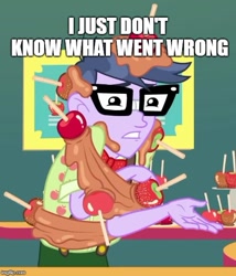 Size: 500x583 | Tagged: safe, edit, edited screencap, imported from derpibooru, screencap, microchips, equestria girls, equestria girls series, rollercoaster of friendship, caption, clothes, cropped, glasses, i just don't know what went wrong, image macro, impact font, male, meme, text