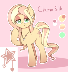 Size: 1280x1338 | Tagged: safe, artist:puetsua, imported from derpibooru, oc, oc only, oc:charm silk, earth pony, pony, accessories, accessory, chest fluff, ear fluff, ear piercing, earring, female, heart eyes, jewelry, mare, necklace, piercing, reference sheet, solo, wingding eyes