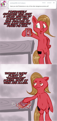 Size: 800x1707 | Tagged: safe, artist:php154, artist:trojan-pony, imported from derpibooru, oc, oc:pun, earth pony, pony, ask pun, fanfic:cupcakes, armpits, ask, bipedal, comic, female, mare, solo, table