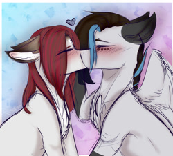 Size: 900x814 | Tagged: safe, artist:dawndream2003, imported from derpibooru, oc, oc only, oc:bogisafe, oc:silver spark, earth pony, pegasus, pony, blushing, female, kissing, male, mare, stallion