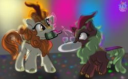 Size: 1475x916 | Tagged: safe, artist:rainbow eevee, imported from derpibooru, autumn blaze, cinder glow, summer flare, kirin, sounds of silence, alcohol, confetti, cute, drink, glasses, lights, party, shadow, smiling, tray