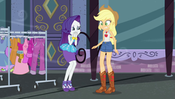 Size: 1920x1080 | Tagged: safe, imported from derpibooru, screencap, applejack, rarity, equestria girls, equestria girls series, street chic, spoiler:eqg series (season 2), bare shoulders, clothes, clothes rack, sleeveless, tanktop