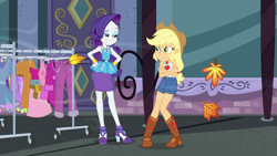 Size: 1920x1080 | Tagged: safe, imported from derpibooru, screencap, applejack, rarity, equestria girls, equestria girls series, street chic, spoiler:eqg series (season 2), bare shoulders, clothes, clothes rack, cold, freezing, leaves, shivering, sleeveless, smiling, smirk, tanktop