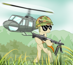 Size: 2800x2500 | Tagged: safe, artist:pizzamovies, imported from derpibooru, oc, oc only, oc:pizzamovies, pony, ammo pouch, camouflage, frown, grass, gun, helicopter, helmet, m1 helmet, m60, mountain, peace symbol, solo, sunglasses, vietnam, vietnam war, weapon