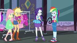 Size: 1920x1080 | Tagged: safe, imported from derpibooru, screencap, applejack, fluttershy, rainbow dash, rarity, equestria girls, equestria girls series, street chic, spoiler:eqg series (season 2), applejack's hat, bare shoulders, boots, bracelet, clothes, clothes rack, cold, converse, cowboy boots, cowboy hat, denim shorts, dress, female, freezing, geode of fauna, geode of shielding, geode of super speed, geode of super strength, hat, high heels, jewelry, magical geodes, pants, shivering, shoes, shorts, skirt, sleeveless, sneakers, stetson, strapless, tanktop