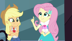 Size: 1920x1080 | Tagged: safe, imported from derpibooru, screencap, applejack, fluttershy, equestria girls, equestria girls series, street chic, spoiler:eqg series (season 2), bare shoulders, clothes, female, geode of super strength, magical geodes, scarf, sleeveless, tanktop