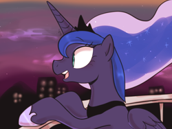 Size: 1400x1050 | Tagged: safe, artist:haden-2375, imported from derpibooru, princess luna, alicorn, pony, balcony, cute, female, hoof shoes, jewelry, lunabetes, mare, open mouth, peytral, regalia, smiling, solo