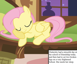 Size: 810x675 | Tagged: safe, edit, edited screencap, imported from derpibooru, screencap, fluttershy, pony, stare master, cropped, cute, fluttershy's cottage, inset, shyabetes, sleeping, solo, text