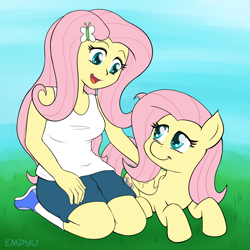 Size: 1000x1000 | Tagged: safe, artist:empyu, imported from derpibooru, fluttershy, pegasus, pony, equestria girls, clothes, cute, duo, female, grass, human ponidox, mare, open mouth, self ponidox, shyabetes, smiling