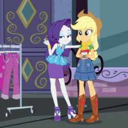Size: 800x800 | Tagged: safe, imported from derpibooru, screencap, applejack, rarity, equestria girls, equestria girls series, street chic, spoiler:eqg series (season 2), animated, clothes, cropped, female, geode of shielding, geode of super strength, gif, instant cosplay surprise, leaves, magical geodes, seizure warning, sleeveless, tanktop