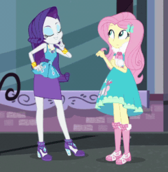 Size: 800x817 | Tagged: safe, imported from derpibooru, screencap, fluttershy, rarity, equestria girls, equestria girls series, street chic, spoiler:eqg series (season 2), animated, bare shoulders, cropped, female, geode of fauna, geode of shielding, gif, instant cosplay surprise, leaves, magical geodes, seizure warning, sleeveless, strapless