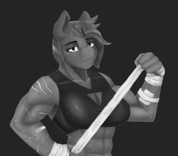 Size: 3200x2800 | Tagged: safe, artist:mopyr, derpibooru exclusive, imported from derpibooru, oc, oc only, oc:camilia, anthro, abs, bandage, black background, female, fit, grayscale, monochrome, muscles, scar, simple background, solo, wip