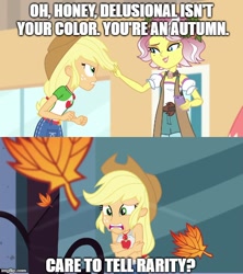 Size: 500x562 | Tagged: safe, imported from derpibooru, screencap, applejack, vignette valencia, equestria girls, equestria girls series, rollercoaster of friendship, street chic, spoiler:eqg series (season 2), caption, chattering teeth, cold, female, freezing, image macro, imgflip, shivering, text