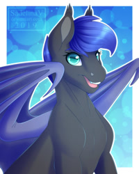 Size: 900x1125 | Tagged: safe, artist:sadelinav, imported from derpibooru, oc, oc only, oc:nebula wings, bat pony, pony, ear fluff, eyebrows, eyelashes, fangs, female, looking at you, mare, no pupils, open mouth, smiling, solo, watermark