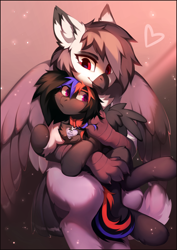 Size: 1266x1790 | Tagged: safe, artist:lispp, imported from derpibooru, oc, oc only, oc:narcissa, oc:phase shift, griffon, pegasus, pony, be mine, beak, blushing, chest fluff, claws, collar, cuddling, cute, female, floppy ears, fluffy, flustered, freckles, grabbing, griffon oc, griffon on pony action, heart, holding, holding a pony, hug, interspecies, lesbian, long tail, name tag, oc x oc, pet play, pet tag, pony on griffon action, pony pet, shipping, size difference, smiling, snuggling, spread wings, tail feathers, talons, wings