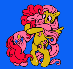 Size: 626x594 | Tagged: safe, artist:echobone, imported from derpibooru, fluttershy, pinkie pie, earth pony, pegasus, pony, blue background, blushing, cute, diapinkes, female, flutterpie, hug, kidcore, kissing, lesbian, mare, shipping, shyabetes, simple background, wings