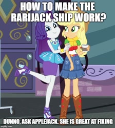 Size: 500x557 | Tagged: safe, edit, edited screencap, imported from derpibooru, screencap, applejack, rarity, equestria girls, equestria girls series, street chic, spoiler:eqg series (season 2), caption, female, geode of shielding, image macro, imgflip, impact font, joke, magical geodes, monochrome, rarijack, shipping, shipping war in the comments, text