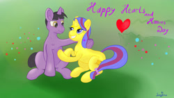 Size: 2560x1440 | Tagged: safe, artist:sunglow, imported from derpibooru, oc, oc only, oc:purple smart, oc:sunglow, oc:sunpie, pony, hearts and hooves day, romance, shipping