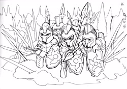 Size: 3356x2347 | Tagged: safe, artist:husdur, imported from derpibooru, pony, guard, monochrome, shield, spear, traditional art, weapon