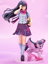 Size: 562x750 | Tagged: safe, imported from derpibooru, kotobukiya, twilight sparkle, alicorn, human, pony, equestria girls, book, clothes, doll, figure, glasses, human coloration, human ponidox, humanized, i can't believe it's not sci-twi, irl, photo, pleated skirt, self ponidox, shoes, skirt, socks, toy, twilight sparkle (alicorn), twilight's professional glasses