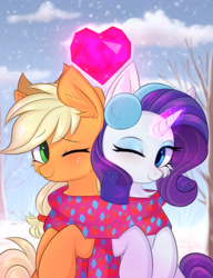 Size: 1751x2283 | Tagged: safe, artist:pesty_skillengton, imported from derpibooru, applejack, rarity, earth pony, pony, unicorn, clothes, cloud, commissioner:raritybro, couple, cute, daaaaaaaaaaaw, female, freckles, heart, jackabetes, lesbian, love, magic, mare, one eye closed, raribetes, rarijack, scarf, shared clothing, shared scarf, shipping, smiling, snow, wink, winter