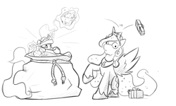 Size: 1280x768 | Tagged: safe, artist:captainhoers, imported from derpibooru, princess celestia, princess luna, alicorn, pony, blank stare, christmas presents, ethereal mane, female, glowing horn, grayscale, hoof shoes, levitation, lineart, magic, mare, monochrome, present, royal sisters, sack, santa sack, silly, starry mane, telekinesis, throwing