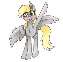 Size: 3543x3507 | Tagged: safe, artist:emolivz, imported from derpibooru, derpy hooves, pegasus, pony, blushing, chest fluff, cute, derpabetes, ear fluff, eye clipping through hair, eyebrows, eyebrows visible through hair, female, leg fluff, looking at you, mare, open mouth, simple background, solo, sparkly eyes, waving, white background