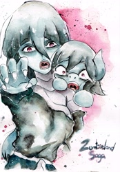 Size: 2396x3437 | Tagged: safe, artist:mashiromiku, imported from derpibooru, pony, undead, zombie, zombie pony, anime, crossover, human ponidox, looking at you, open mouth, ponified, reaching, self ponidox, tae yamada, traditional art, uvula, watercolor painting, zombie land saga, zombieland saga