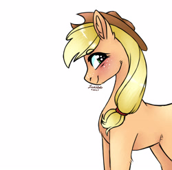 Size: 3543x3507 | Tagged: safe, artist:emolivz, imported from derpibooru, applejack, earth pony, pony, blushing, cute, ear fluff, eyebrows, eyebrows visible through hair, female, jackabetes, mare, profile, solo