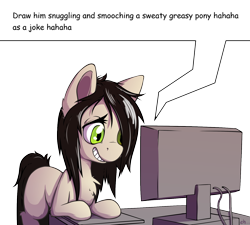 Size: 1500x1350 | Tagged: safe, artist:senaelik, imported from derpibooru, oc, oc only, oc:floor bored, earth pony, pony, caption, chest fluff, computer, ear fluff, eyelashes, female, leg fluff, mare, ponified, prone, simple background, solo, text, transparent background