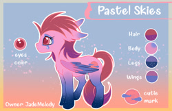 Size: 2000x1299 | Tagged: safe, artist:zobaloba, imported from derpibooru, oc, oc only, oc:pastel skies, pony, chest fluff, color palette, commission, ear fluff, female, floppy ears, mare, no pupils, pastel, reference sheet, solo, standing, text