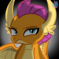 Size: 725x725 | Tagged: safe, artist:rainbow eevee, imported from derpibooru, smolder, dragon, the hearth's warming club, dragoness, fangs, female, hearth's warming club, investigation, looking at you, solo