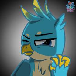 Size: 725x725 | Tagged: safe, artist:rainbow eevee, imported from derpibooru, gallus, griffon, the hearth's warming club, hearth's warming club, investigation, looking at you, male, one eye closed, solo