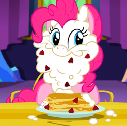 Size: 500x495 | Tagged: safe, imported from derpibooru, screencap, pinkie pie, earth pony, pony, castle sweet castle, beard, cute, diapinkes, female, food, food on face, mare, pancakes, raspberry (food), smiling, solo, sprinkles, tongue out, whipped cream, whipped cream beard