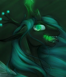 Size: 1920x2240 | Tagged: safe, artist:acry-artwork, imported from derpibooru, queen chrysalis, changeling, changeling queen, crown, female, glowing, glowing horn, horn, jewelry, regalia, sharp teeth, slit pupils, solo, teeth