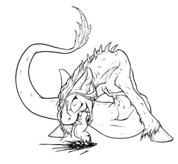 Size: 1355x1253 | Tagged: safe, artist:kalemon, imported from derpibooru, oc, oc only, kelpie, pony, blood, monochrome, monster, spikes, teeth, tongue out
