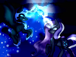 Size: 2000x1500 | Tagged: safe, artist:crazysurprise, imported from derpibooru, nightmare moon, nightmare rarity, pony, dark, magic