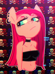 Size: 768x1024 | Tagged: safe, artist:hueghost, imported from derpibooru, pinkie pie, anthro, bare shoulders, belly button, breasts, choker, cleavage, ear piercing, edgy, female, piercing, pinkamena diane pie, punkamena, punkie pie, skull and crossbones, solo, strapless
