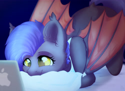 Size: 5500x4032 | Tagged: safe, artist:alphadesu, imported from derpibooru, oc, oc only, oc:dawn sentry, bat pony, pony, absurd resolution, apple, bat wings, bed, computer, female, food, laptop computer, mare, pillow, solo, wings