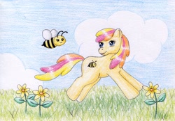 Size: 1220x851 | Tagged: safe, artist:normaleeinsane, imported from derpibooru, bumblesweet, honeybuzz, bee, pony, cloud, flower, grass, solo, traditional art