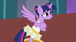 Size: 1663x935 | Tagged: safe, imported from derpibooru, screencap, twilight sparkle, alicorn, pony, a royal problem, ballerina, female, mare, nervous, nervous grin, solo, tutu, twilarina, twilight sparkle (alicorn)