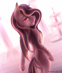 Size: 2100x2500 | Tagged: safe, artist:jessicanyuchi, imported from derpibooru, oc, oc only, oc:delilah garnet, bat pony, pony, female, looking at you, looking over shoulder, mare, markings, red eyes, simple background, solo, ych result