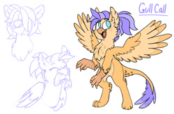 Size: 1280x838 | Tagged: safe, artist:sandwichbuns, imported from derpibooru, oc, oc only, oc:gull call, fish, hippogriffon, hybrid, female, hair over eyes, magical lesbian spawn, mouth hold, offspring, parent:gilda, parent:princess skystar, rearing, simple background, sketch, solo, spread wings, white background, wings