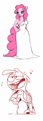 Size: 1024x2838 | Tagged: safe, artist:lovetime17, deleted from derpibooru, edit, imported from derpibooru, pinkie pie, anthro, earth pony, pony, bedroom eyes, clothes, crossover, crossover shipping, dress, duo, female, heart, male, shipping, straight, wander (wander over yonder), wander over yonder