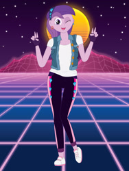Size: 2700x3600 | Tagged: safe, artist:miipack603, imported from derpibooru, amethyst star, sparkler, equestria girls, 80s, abstract background, autobot, breasts, buttons, canon, captain america, cleavage, clothes, complex background, cutie mark, dc comics, decepticon, denim vest, diamond, female, fingerless gloves, gloves, grid, happy, headband, lines, mountain, mountain range, no shading, one eye closed, one eye open, pants, peace sign, retro, shirt, shoes, sky, smiling, sneakers, solo, stars, sun, t-shirt, track pants, vaporwave, vest, wink, yoga pants