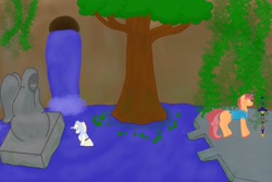 Size: 2100x1400 | Tagged: safe, artist:krumpcakes, imported from derpibooru, oc, oc:game guard, oc:nootaz, pony, unicorn, magic, magic aura, master sword, statue, the legend of zelda, the legend of zelda: breath of the wild, tree, water, waterfall