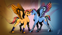 Size: 3265x1837 | Tagged: safe, artist:lupiarts, imported from derpibooru, rainbow dash, spitfire, pegasus, pony, duo, female, g5, g5 concept leak style, g5 concept leaks, leg warmers, lesbian, rainbow dash (g5 concept leak), rainbow dash (g5), shipping, spitdash, spread wings, tail wrap, wallpaper, wings