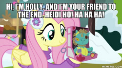 Size: 600x337 | Tagged: safe, edit, edited screencap, imported from derpibooru, screencap, fluttershy, holly the hearths warmer doll, pony, best gift ever, caption, child's play, image macro, memeful.com, text
