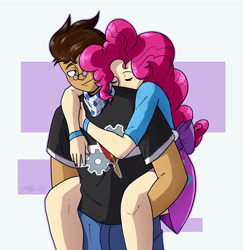 Size: 1850x1906 | Tagged: safe, artist:nolycs, imported from derpibooru, pinkie pie, oc, oc:copper plume, human, equestria girls, blushing, bow, canon x oc, clothes, commission, commissioner:imperfectxiii, copperpie, cute, female, freckles, glasses, human coloration, humanized, legs, male, neckerchief, pants, piggyback ride, shipping, shirt, skirt, sleeping, straight, wristband